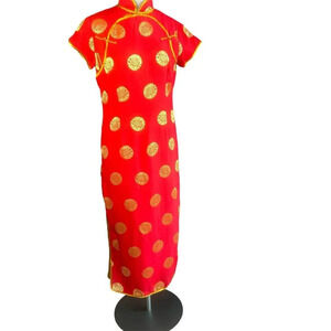 Chinese Vintage Red with Gold Traditional Cheongsam Qipao Maxi Dress